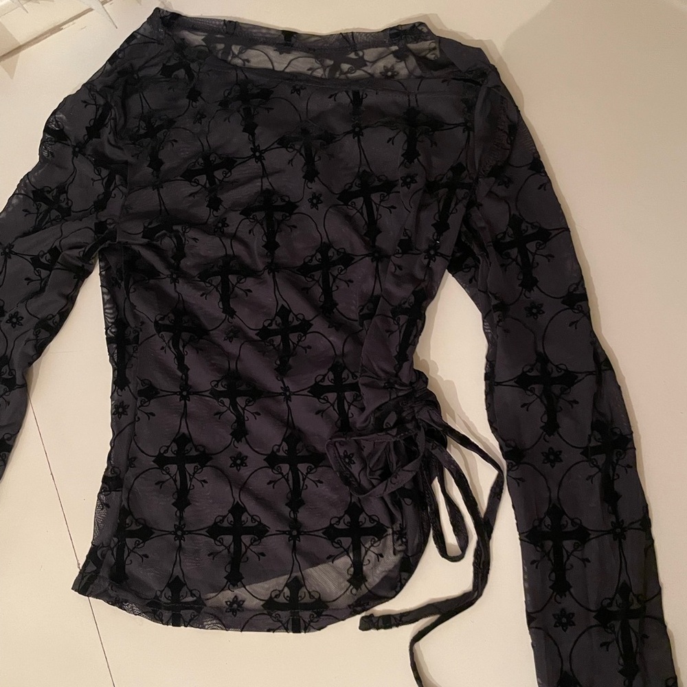 Sheer Black Ruched Top with Cross Design - Picture 4 of 4